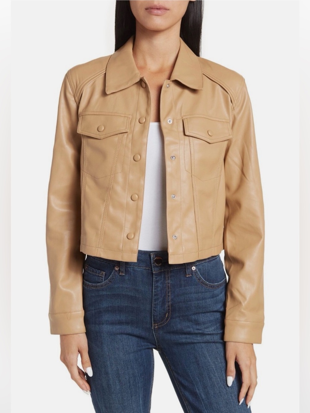 Blank NYC Cropped Tan Faux Leather Trucker Jacket
